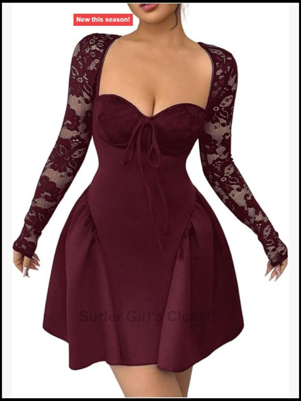 Women's Floral Lace Backless Mini Dress Long Sleeve Sweetheart Neck A-Line